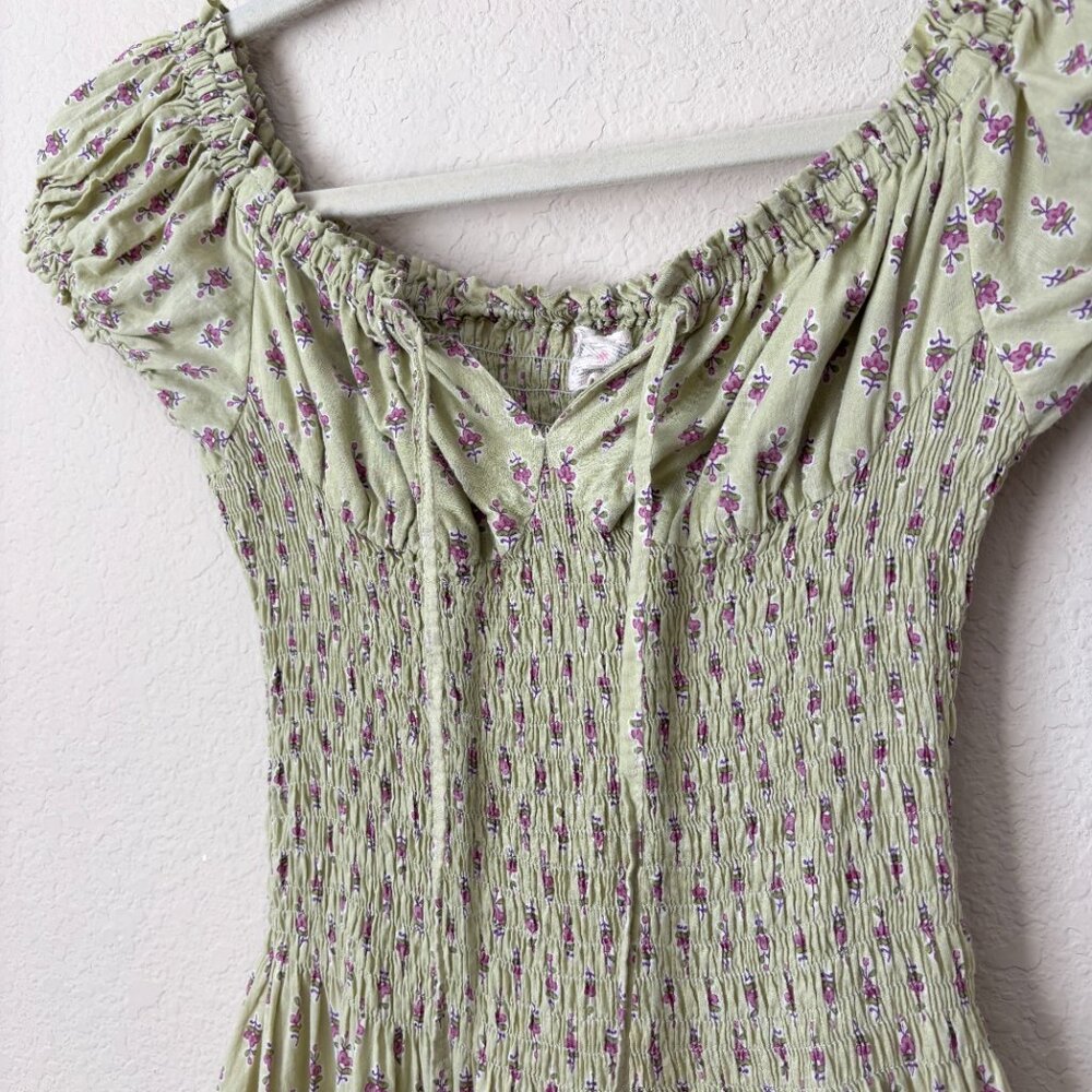 Smocked Floral Maxi Dress in Light Green - Picture 4 of 11